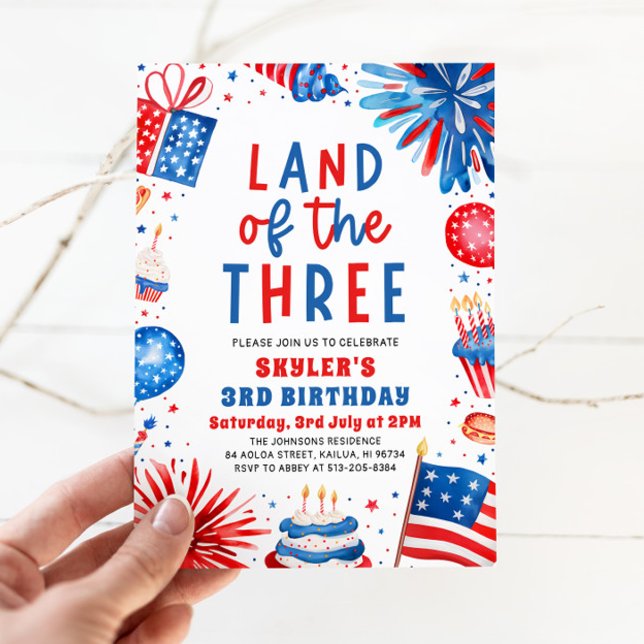 Land den 3:e juli patriotisk 3:e födelsedagen inbjudningar (Watercolor Fireworks Patriotic 4th of July Land of the Three 3rd Birthday Invitation)