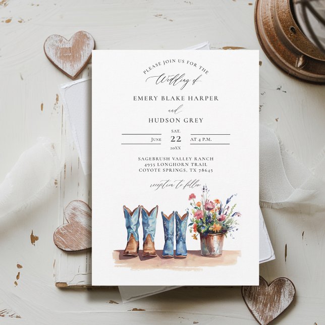 Land Denim Boots Wildblomma Rustic Bröllop Inbjudningar (country wedding invitation rustic western barn watercolor cowboy denim boots wildflowers calligraphy)