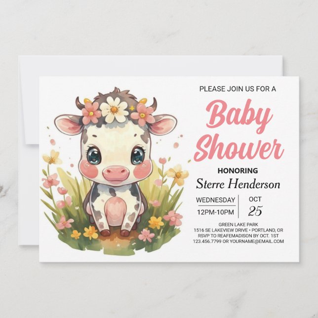 Land Elegant Girly Cow Baby Shower Inbjudningar (Framsida)