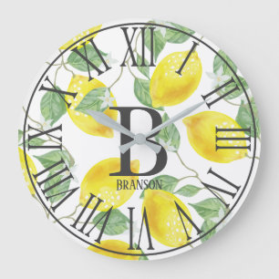 Land Elegant Watercolor Lemons Monogram Stor Klocka