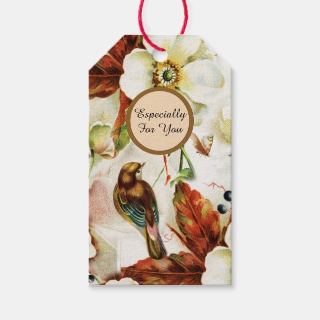 Land fågelblommor i vintagen presentetikett (Framsidan)
