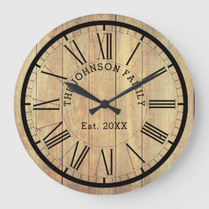 Land Famly Namn & Est. Rustik Light Wood Stor Klocka