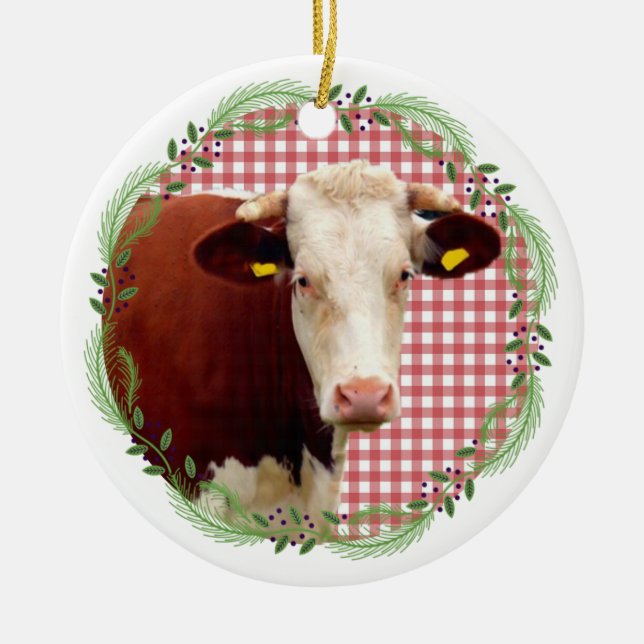 Land Farm Animal Cow Gingham-julfransandandning Julgransprydnad Keramik (Framsidan)