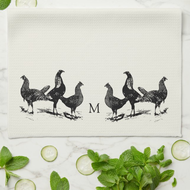 Land farm stil-kyckling monogrammad kökshandduk (Vikta)