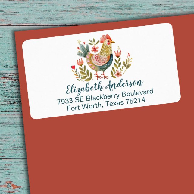 Land Farmhouse Watercolor Chicken Folk Art Adressetikett (A pretty folk art watercolor chicken address label)