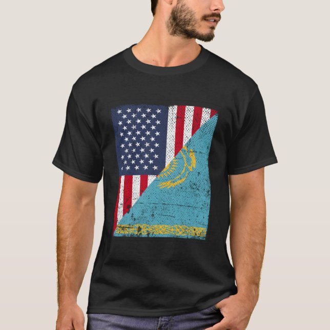 Land Flagga Halva USA Halva Kazakstan T Shirt (Framsida)