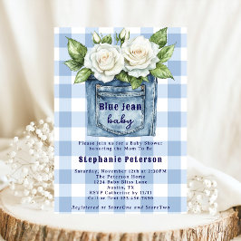 Land Flowers Cute Gingham Blue Jean Baby Shower Inbjudningar