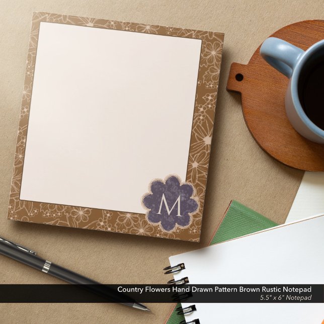Land Flowers Hand plockade Mönster Brown Rustic Anteckningsblock (Country Flowers Hand Drawn Rustic Pattern in Brown: 5.5"x6" Notepad with Dark Purple Monogram)