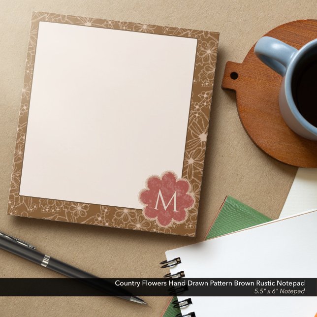 Land Flowers Hand plockade Mönster Brown Rustic Anteckningsblock (Country Flowers Hand Drawn Rustic Pattern in Brown: 5.5"x6" Notepad with Brick Red Monogram)