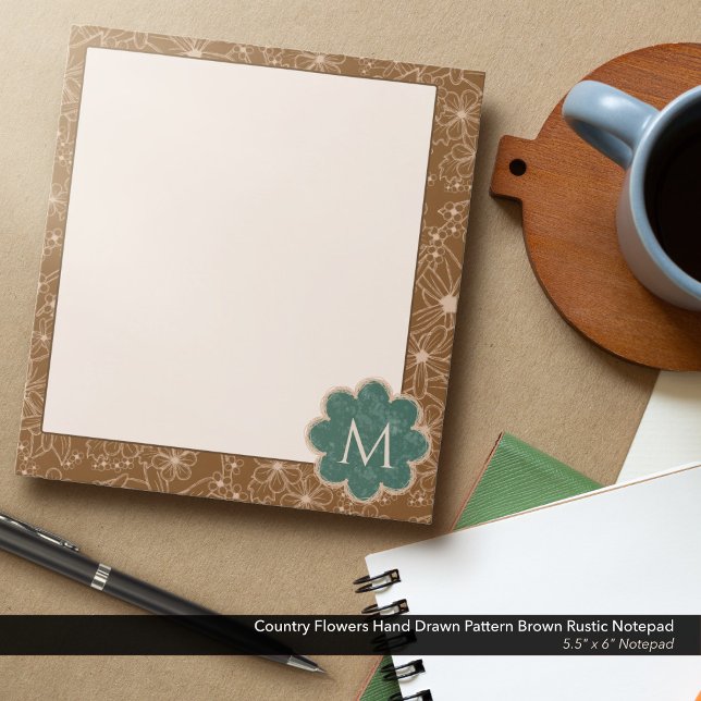 Land Flowers Hand plockade Mönster Brown Rustic Anteckningsblock (Country Flowers Hand Drawn Rustic Pattern in Brown: 5.5"x6" Notepad with Hunter Green Monogram)