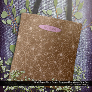 Land Flowers Hand plockade Mönster Brown Rustic ti Tygkasse