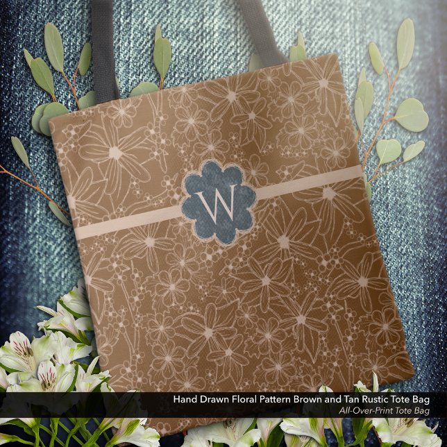 Land Flowers Hand plockade Mönster Brown Rustic Tygkasse (Tote Bag: Rustic Hand Drawn Floral Pattern in Brown and Tan with Distressed Dark Blue Monogram.)