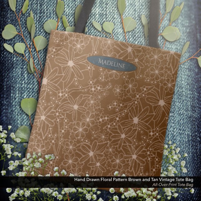 Land Flowers Hand plockade Mönster Brown Rustic Tygkasse (Tote Bag: Hand Drawn Floral Pattern in Vintage Brown and Tan with the Owner's Name in Dark Blue.)