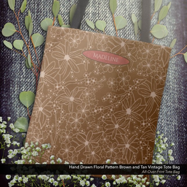 Land Flowers Hand plockade Mönster Brown Rustic Tygkasse (Tote Bag: Hand Drawn Floral Pattern in Vintage Brown and Tan with the Owner's Name in Brick Red.)
