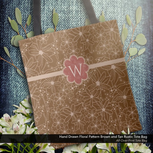 Land Flowers Hand plockade Mönster Brown Rustic Tygkasse (Tote Bag: Rustic Hand Drawn Floral Pattern in Brown and Tan with Distressed Brick Red Monogram.)