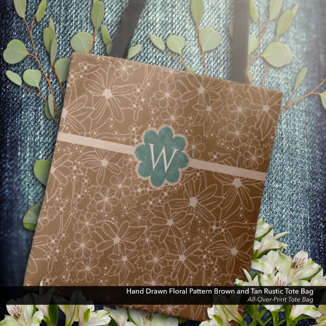 Land Flowers Hand plockade Mönster Brown Rustic Tygkasse (Tote Bag: Rustic Hand Drawn Floral Pattern in Brown and Tan with Distressed Forest Green Monogram.)