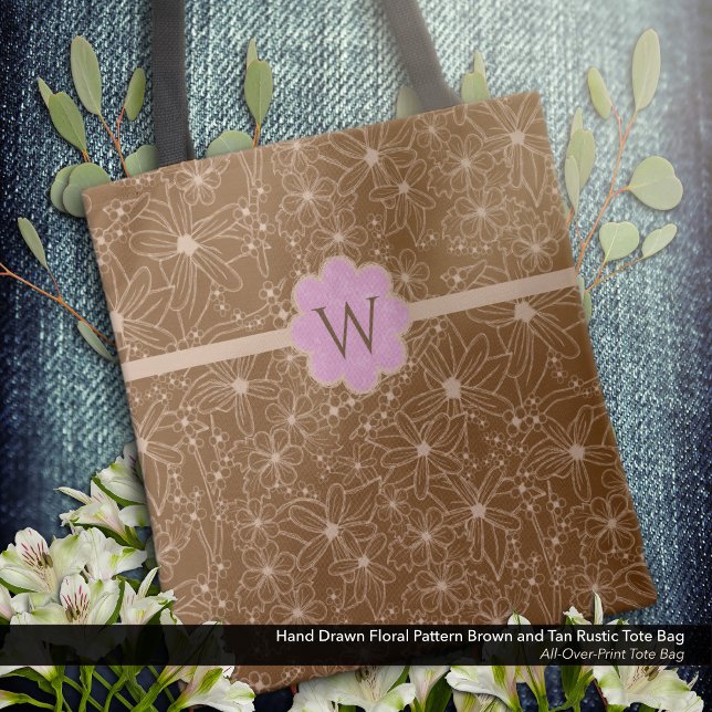 Land Flowers Hand plockade Mönster Brown Rustic Tygkasse (Tote Bag: Rustic Hand Drawn Floral Pattern in Brown and Tan with a Distressed Soft Pink Monogram.)