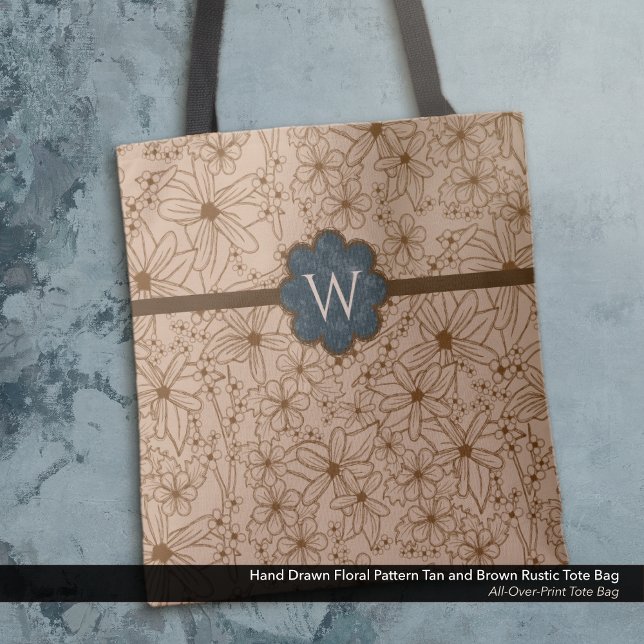 Land Flowers: Tan and Navy Blue Monogrammed Tygkasse (Tote Bag: Rustic Hand Drawn Floral Pattern in Tan and Brown with Distressed Navy Blue Monogram.)