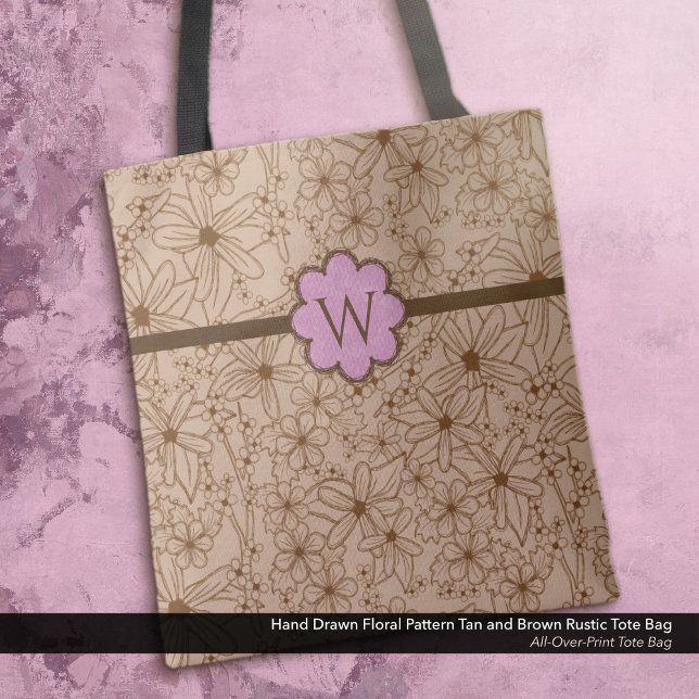 Land Flowers: Tan och Rosa Monogrammed Tygkasse (Tote Bag: Rustic Hand Drawn Floral Pattern in Brown and Tan with a Distressed Soft Pink Monogram.)