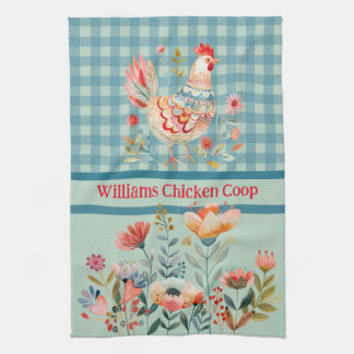Land Folk Art Chickens på Blue Gingham Check Kökshandduk