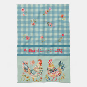Land Folk Art Chickens på Blue Gingham Check Kökshandduk
