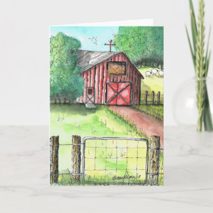 Land Folk Art, Red Barn, Farm Painting Art Kort