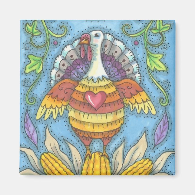 LAND FOLK ART THANKSGIVING TURKEY MAGNET Square (Framsidan)
