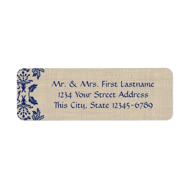 Land Garden Damask Blue och Burlap Returadress Etikett (Framsidan)