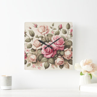 Land Garden Rosa ros på Cream Background Fyrkantig Klocka