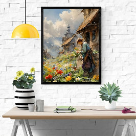 Land Garden w/ Girl in Blue Dress and Flowers | Perfect Poster