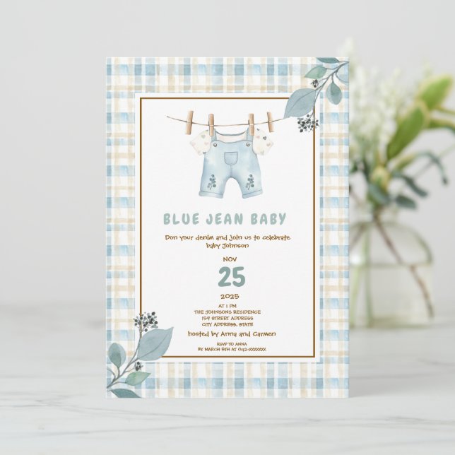 Land gingham Blå Jean Baby Shower Inbjudan (Stående Fram)