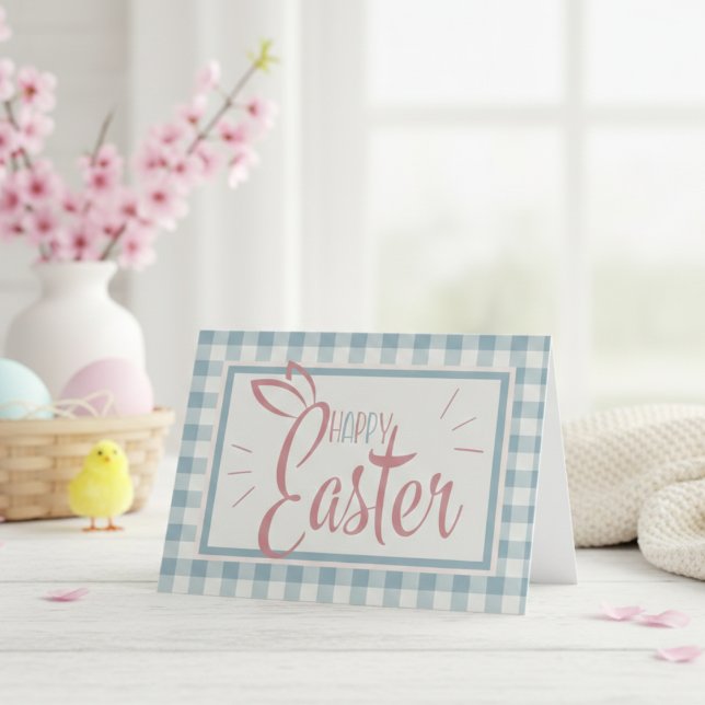 Land Gingham Blue Glad påsk Anpassningsbar Helgkort (Country Gingham Blue Happy Easter Custom Holiday Card)