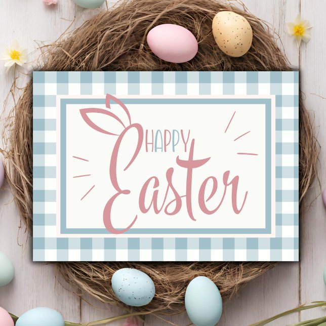 Land Gingham Blue Glad påsk Anpassningsbar Helgkort (Country Gingham Blue Happy Easter Custom Holiday Card)