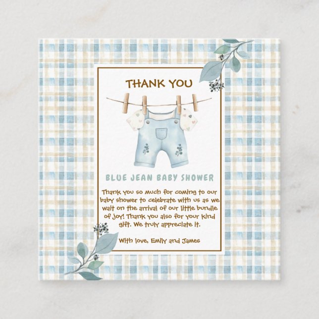 Land Gingham Blue Jean Baby Shower Tack Tilläggskort (Framsida)