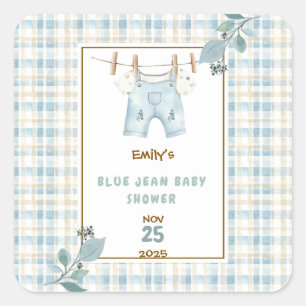 Land Gingham Blue Jean Baby Shower Välkommen Fyrkantigt Klistermärke