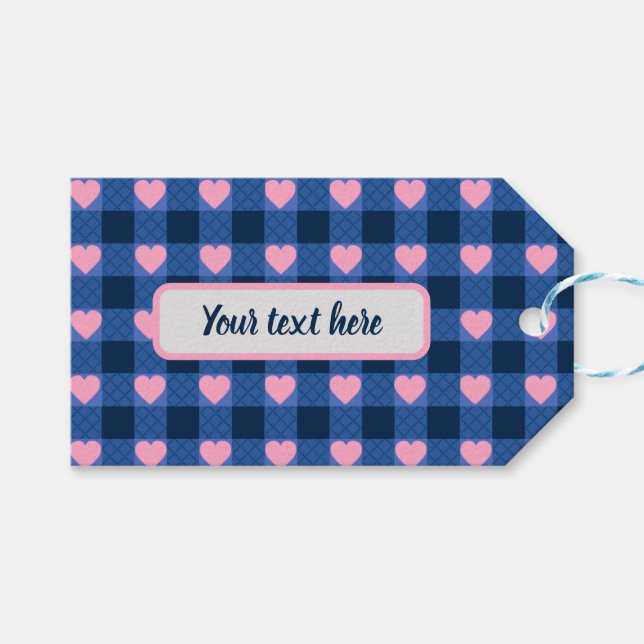 Land Gingham Blue Rosa Heart Mönster Presentetikett (Framsidan (Horisontell))