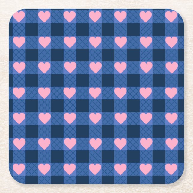 Land Gingham Blue Rosa Heart Mönster Underlägg Papper Kvadrat (Framsidan)