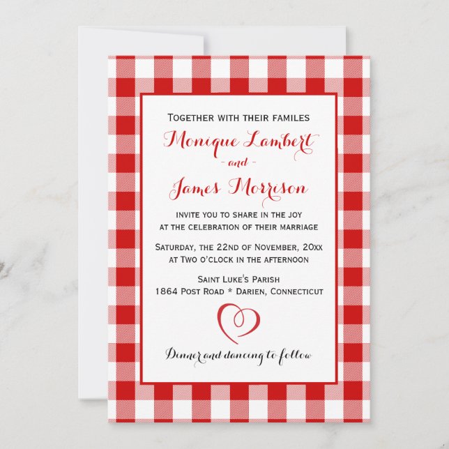 Land Gingham Red & White Checks Bröllop Play Inbjudningar (Framsida)