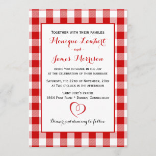 Land Gingham Red & White Checks Bröllop Play Inbjudningar
