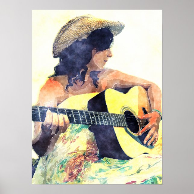 Land Girl with Acoustic Guitar Vatten Färg Poster (Framsidan)