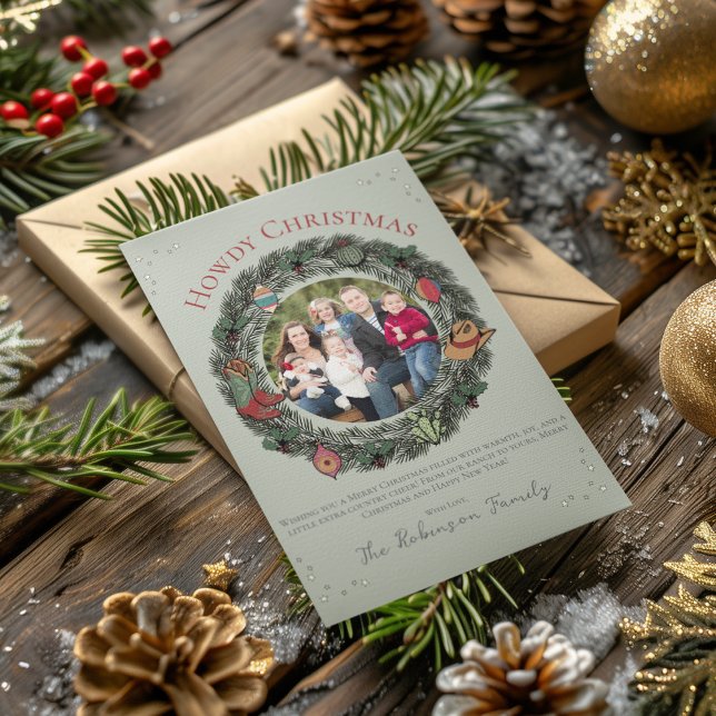Land God jul Julafton Julkort (Country Christmas Card Featuring Hand-Drawn Wreath, Vintage Ornaments, Cowboy Boots, Hat and Holly.)