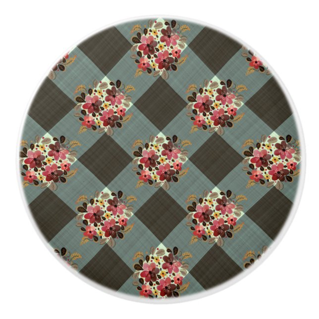 Land Grått Gingham med Burgundy Flowers Knopp (Framsidan)