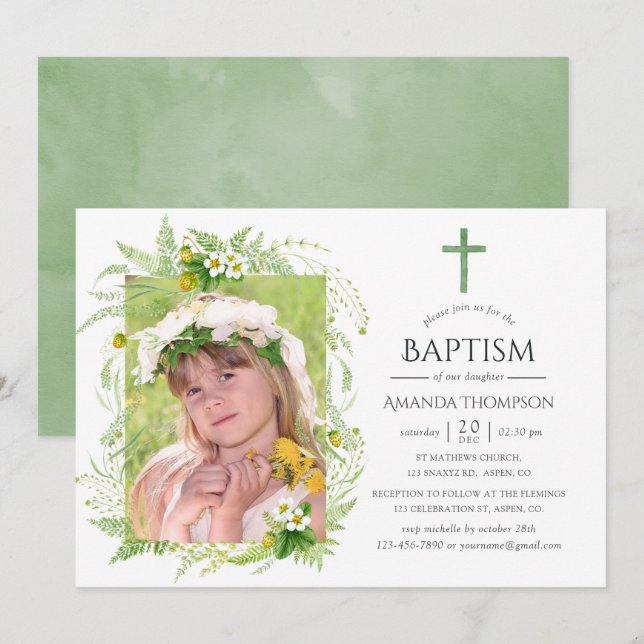 Land Greenery Baptism eller Christening Inbjudningar (Fram/baksida)