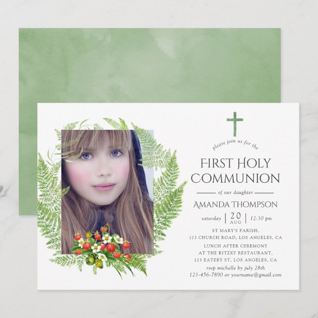 Land Greenery First Heliga Communion Inbjudningar (Fram/baksida)