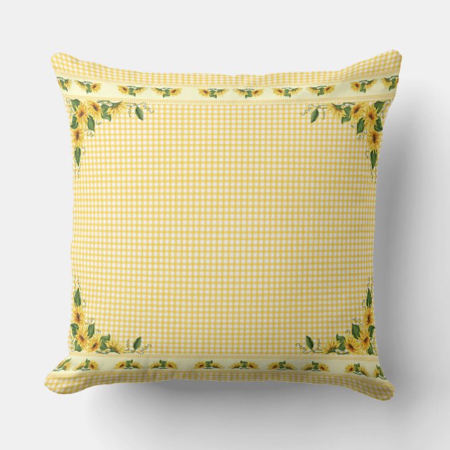 Land Gult Gingham Sunblommor Kudde (Framsida)