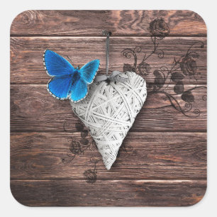 Land Heart and Butterfly on Wood Fyrkantigt Klistermärke