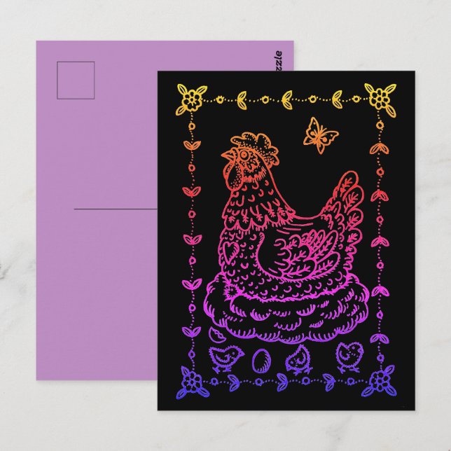 LAND HEN, ÄGG, CHICK OCH FOLK ART GRÄNS VYKORT (Fram/baksida)