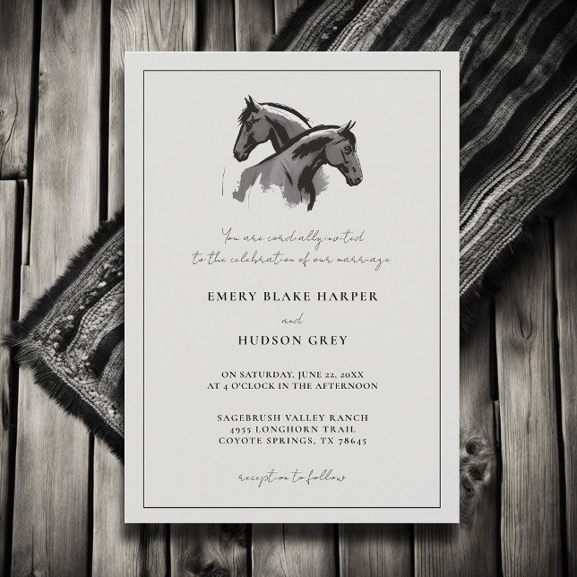 Land Horses Ram Westerna Elegant BW Bröllop Inbjudningar (country wedding invitation western cowboy horses art sketch frame black white elegant rustic modern)