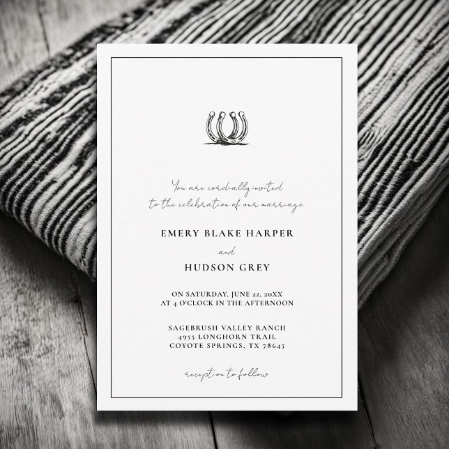 Land Horseshoe Ram Western Elegant BW Bröllop Inbjudningar (country wedding invitation western cowboy horseshoes art sketch frame black white elegant formal)