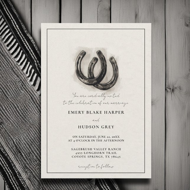 Land Horseshoes Art Western Elegant BW Bröllop Inbjudningar (country wedding invitation western cowboy horseshoes artistic frame black white elegant formal)